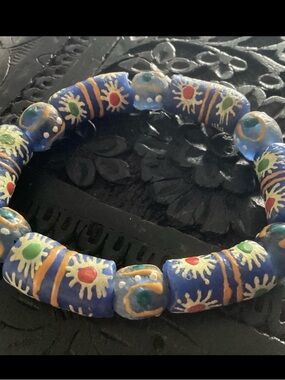Artisan African Handmade Ceramic Glass Bead Elastic Bracelet. Blue Floral